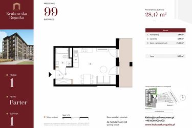 Rzut - Mieszkanie na sprzedaż 1 pokój o powierzchni 28,47 m² - numer 1.M99 w Krakowska Rogatka