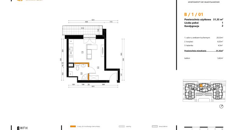 Rzut - Mieszkanie na sprzedaż 1 pokój o powierzchni 31,35 m² - numer B.1.01 w SPOT