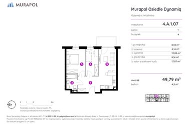 Rzut - Mieszkanie na sprzedaż 2 pokoje o powierzchni 49,79 m² - numer 4.A.1.07 w Murapol Osiedle Dynamiq