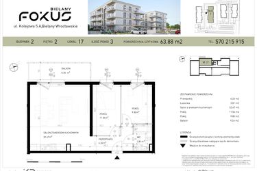Rzut - Mieszkanie na sprzedaż 3 pokoje o powierzchni 63,88 m² - numer B2-17 w Fokus Bielany