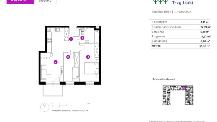 Rzut - Mieszkanie na sprzedaż 2 pokoje o powierzchni 53,35 m² - numer 2.B.1.12 w Murapol Trzy Lipki etap II