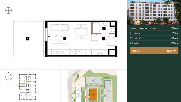 Rzut - Mieszkanie na sprzedaż 1 pokój o powierzchni 26,25 m² - numer 2.M0.03 w Wierzbowa 20