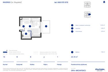 Rzut - Mieszkanie na sprzedaż 1 pokój o powierzchni 25,16 m² - numer B.16 w Osiedle Inverso