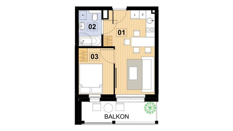 Rzut - Mieszkanie na sprzedaż 2 pokoje o powierzchni 27,75 m² - numer L12 w Green Park Resort III