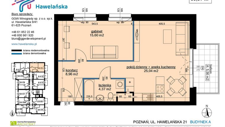 Rzut - Mieszkanie na sprzedaż 2 pokoje o powierzchni 54,14 m² - numer A/4/33 w Osiedle Hawelańska etap III - bud. A