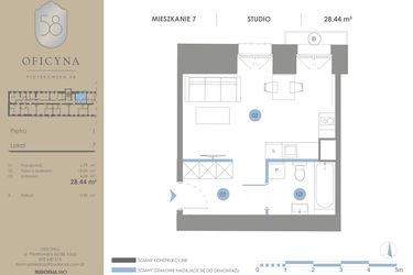 Rzut - Mieszkanie na sprzedaż 1 pokój o powierzchni 28,44 m² - numer 7 w Oficyna - Apartamenty Inwestycyjne Apart Hotel
