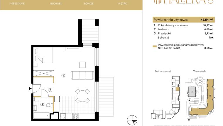 Rzut - Mieszkanie na sprzedaż 1 pokój o powierzchni 42,54 m² - numer B.02.07 w Hallera 140