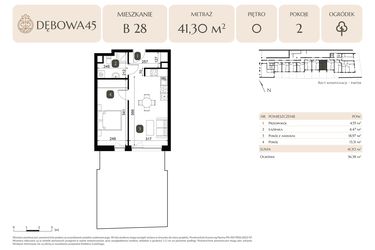 Rzut - Mieszkanie na sprzedaż 2 pokoje o powierzchni 41,3 m² - numer B.28 w Dębowa 45