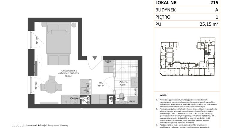 Rzut - Mieszkanie na sprzedaż 1 pokój o powierzchni 25,15 m² - numer A.215 w Esencja - Apartamenty inwestycyjne