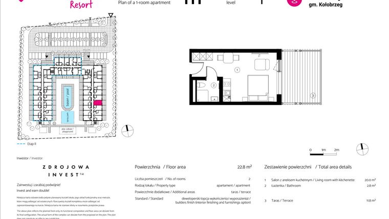 Rzut - Mieszkanie na sprzedaż 1 pokój o powierzchni 22,8 m² - numer 111 w VacationClub Resort