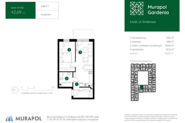 Rzut - Mieszkanie na sprzedaż 1 pokój o powierzchni 42,69 m² - numer 1.A.1.02 w Murapol Gardenia