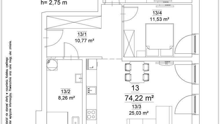 Rzut - Mieszkanie na sprzedaż 3 pokoje o powierzchni 74,22 m² - numer 13 w Osiedle Teatralne 19 - apartamenty inwestycyjne