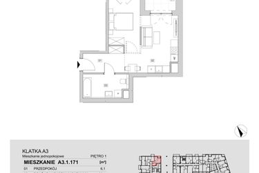 Rzut - Mieszkanie na sprzedaż 1 pokój o powierzchni 39,1 m² - numer A3.1.171 w ATAL Floriana