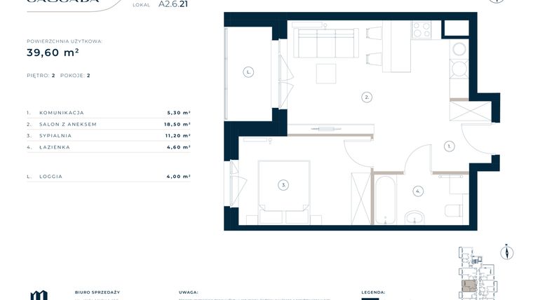 Rzut - Mieszkanie na sprzedaż 2 pokoje o powierzchni 39,6 m² - numer A2.6.21 w Cascada