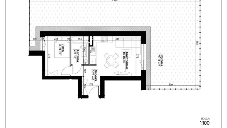 Rzut - Mieszkanie na sprzedaż 2 pokoje o powierzchni 35,19 m² - numer E.1 w Narcyzowe Wzgórza II