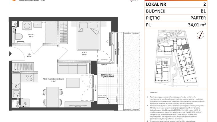 Rzut - Mieszkanie na sprzedaż 1 pokój o powierzchni 34,01 m² - numer B1.2 w Zajezdnia Motława