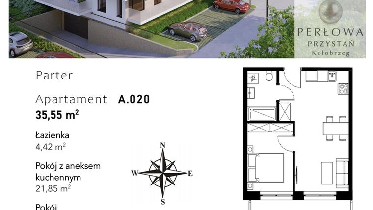 Rzut - Mieszkanie na sprzedaż 2 pokoje o powierzchni 35,55 m² - numer A.020 w Perłowa Przystań - Kołobrzeg - etap II