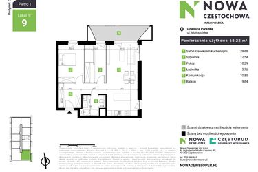 Rzut - Mieszkanie na sprzedaż 3 pokoje o powierzchni 68,22 m² - numer D9 w Nowa Częstochowa Małopolska etap II