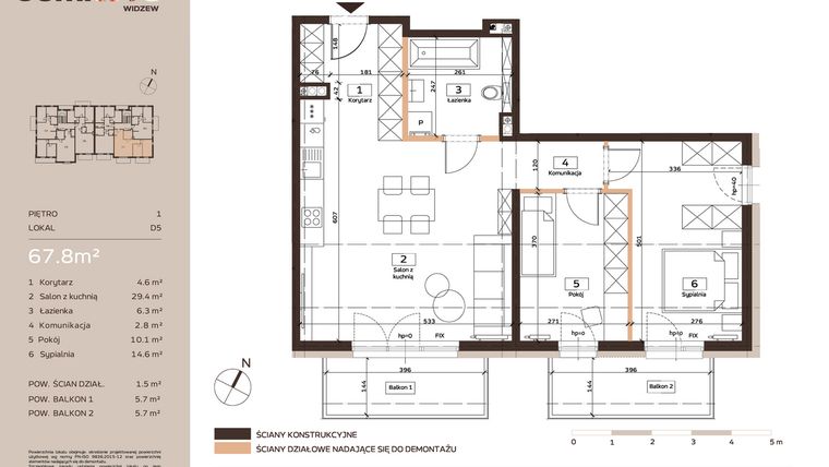 Rzut - Mieszkanie na sprzedaż 3 pokoje o powierzchni 67,8 m² - numer D5 w Domkove Widzew