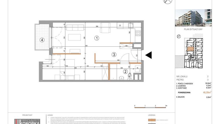 Rzut - Mieszkanie na sprzedaż 1 pokój o powierzchni 46,59 m² - numer A3/2 w 5th Avenue Apartments