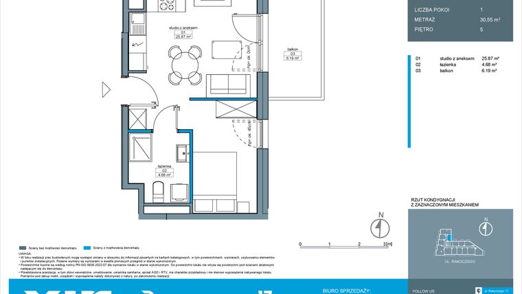 Rzut - Mieszkanie na sprzedaż 1 pokój o powierzchni 30,62 m² - numer A.5.13 w Rakoczego 17