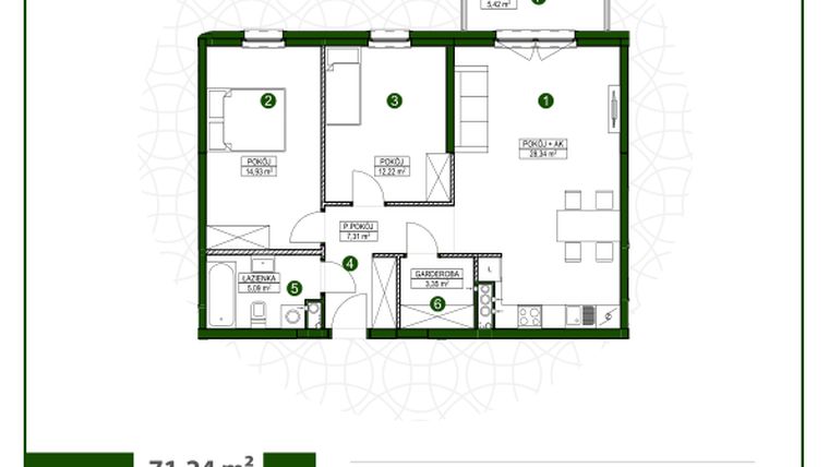Rzut - Mieszkanie na sprzedaż 3 pokoje o powierzchni 71,18 m² - numer 22 w Moja Wiązowa