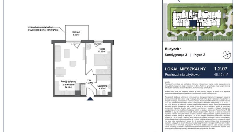 Rzut - Mieszkanie na sprzedaż 2 pokoje o powierzchni 45,19 m² - numer 1.2.07 w Rytelska