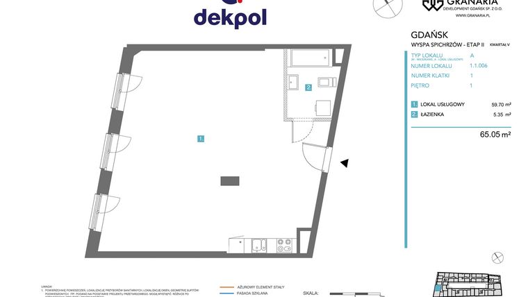 Rzut - Mieszkanie na sprzedaż 1 pokój o powierzchni 65,05 m² - numer 1.1.006 w Granaria
