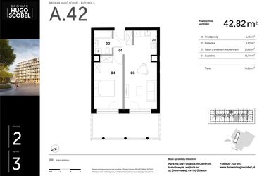 Rzut - Mieszkanie na sprzedaż 2 pokoje o powierzchni 42,82 m² - numer A.42 w Browar HUGO SCOBEL