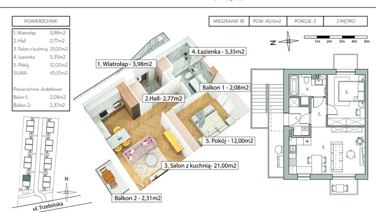 Rzut - Mieszkanie na sprzedaż 2 pokoje o powierzchni 45,1 m² - numer 1B w Osiedle Flipówka