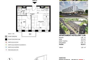 Rzut - Mieszkanie na sprzedaż 2 pokoje o powierzchni 38,43 m² - numer 309 w Apartamentowiec Zwycięska 3 - inwestycyjne