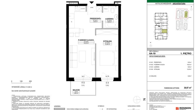 Rzut - Mieszkanie na sprzedaż 2 pokoje o powierzchni 39,97 m² - numer 6A-19 w Nowa Północ etap 2A