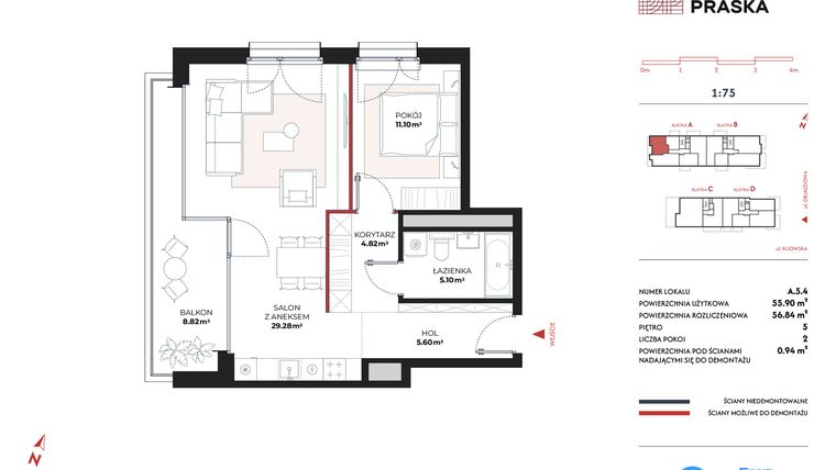 Rzut - Mieszkanie na sprzedaż 2 pokoje o powierzchni 55,9 m² - numer A.5.4 w Drucianka Praska