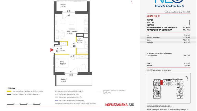 Rzut - Mieszkanie na sprzedaż 2 pokoje o powierzchni 41,93 m² - numer 37 w Neo Nova Ochota 4