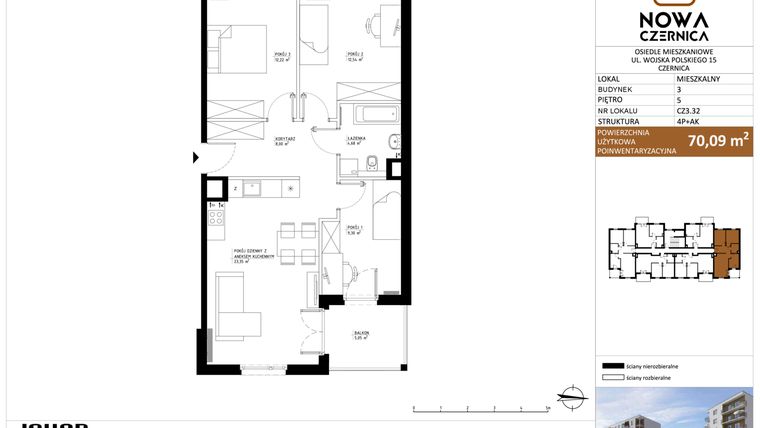 Rzut - Mieszkanie na sprzedaż 4 pokoje o powierzchni 70,09 m² - numer CZ3.32 w Nowa Czernica - etap II