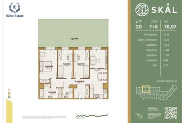 Rzut - Mieszkanie na sprzedaż 1 pokój o powierzchni 78,97 m² - numer M.7+8 w Skal