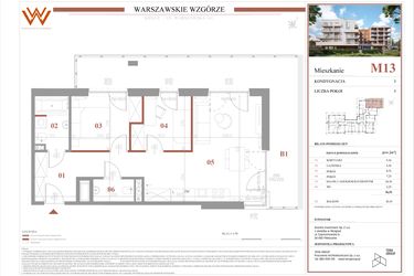 Rzut - Mieszkanie na sprzedaż 3 pokoje o powierzchni 56,52 m² - numer M13 w Warszawskie Wzgórze