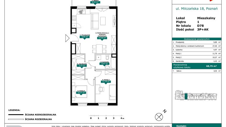 Rzut - Mieszkanie na sprzedaż 3 pokoje o powierzchni 68,75 m² - numer D78 w Milczańska 18