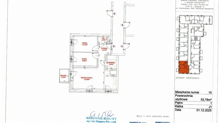 Rzut - Mieszkanie na sprzedaż 3 pokoje o powierzchni 53,78 m² - numer J1-15 w Park Leśny Rembertów etap VIII