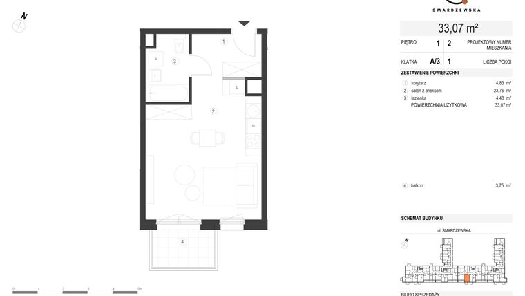 Rzut - Mieszkanie na sprzedaż 1 pokój o powierzchni 33,07 m² - numer A/3/1.2 w Smardzewska 8