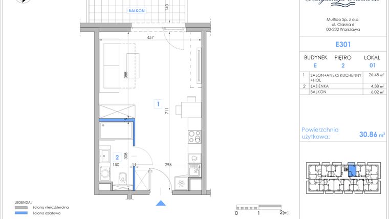 Rzut - Mieszkanie na sprzedaż 1 pokój o powierzchni 30,64 m² - numer E301 w Rezydencja Niechorze II