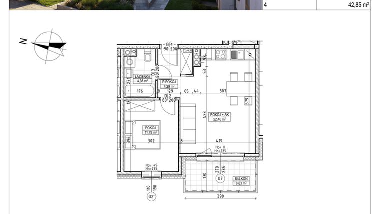 Rzut - Mieszkanie na sprzedaż 2 pokoje o powierzchni 42,85 m² - numer M.B8.01.09 w Osiedle Harmonia bud. B8