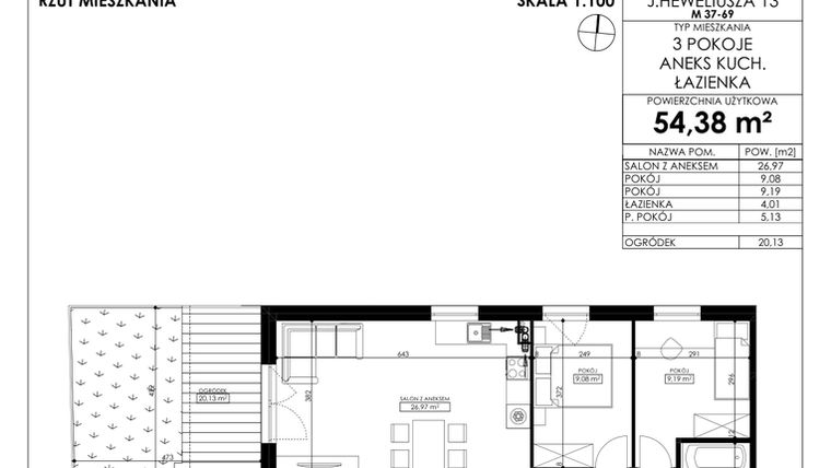 Rzut - Mieszkanie na sprzedaż 3 pokoje o powierzchni 54,38 m² - numer JAR-II-B-LM-M47 w Osiedle JAR Heweliusza etap II