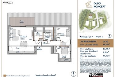 Rzut - Mieszkanie na sprzedaż 3 pokoje o powierzchni 88,89 m² - numer A.3.1 w Oliva Koncept II