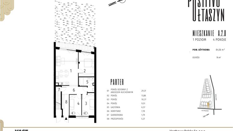 Rzut - Mieszkanie na sprzedaż 4 pokoje o powierzchni 84,56 m² - numer A.2.0 w Positivo Ołtaszyn