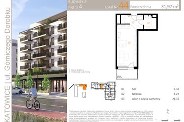 Rzut - Mieszkanie na sprzedaż 1 pokój o powierzchni 31,97 m² - numer B_44 w Zielony Nikiszowiec