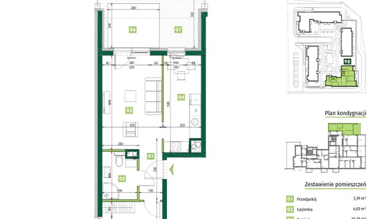 Rzut - Mieszkanie na sprzedaż 2 pokoje o powierzchni 48,38 m² - numer 9B.1 w Zielona Przystań etap III