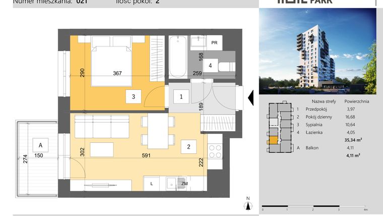 Rzut - Mieszkanie na sprzedaż 2 pokoje o powierzchni 35,34 m² - numer 21 w Dworzysko Park - Etap III