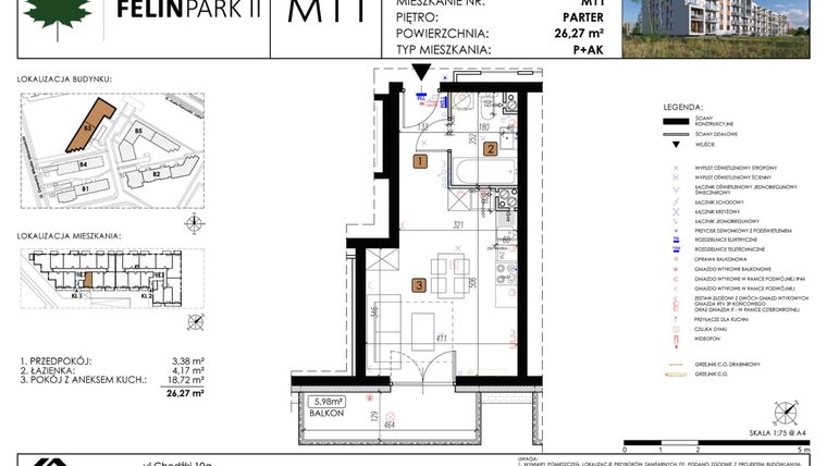 Rzut - Mieszkanie na sprzedaż 1 pokój o powierzchni 25,34 m² - numer M11 w Felin Park II etap 2