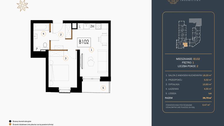 Rzut - Mieszkanie na sprzedaż 2 pokoje o powierzchni 38,7 m² - numer B.102 w Rezydencja Śródmiejska